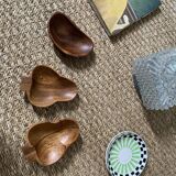 Trio of exotic wooden cups in the shape of beans and vintage clovers