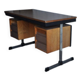 Bureau in Bauhaus mid-century style made of wood and black leather, Hungarian 1960s.