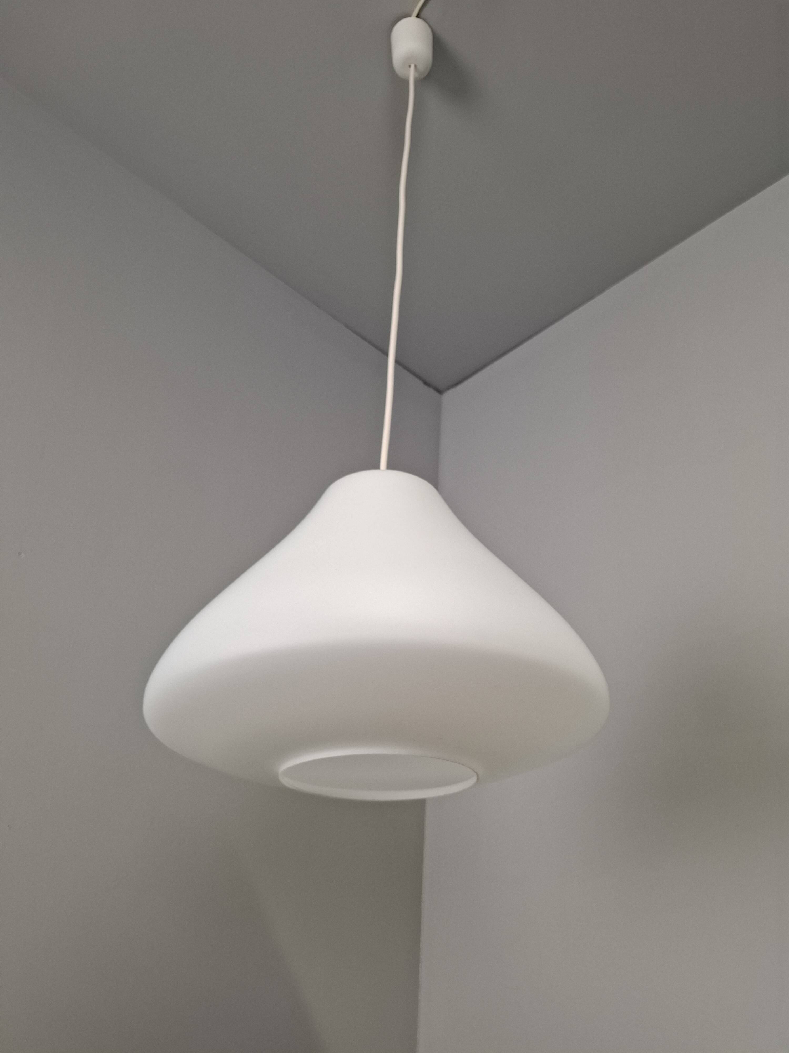 Czechoslovak Midcentury Modern Pendant Light in Opaline Glass and Plastic,