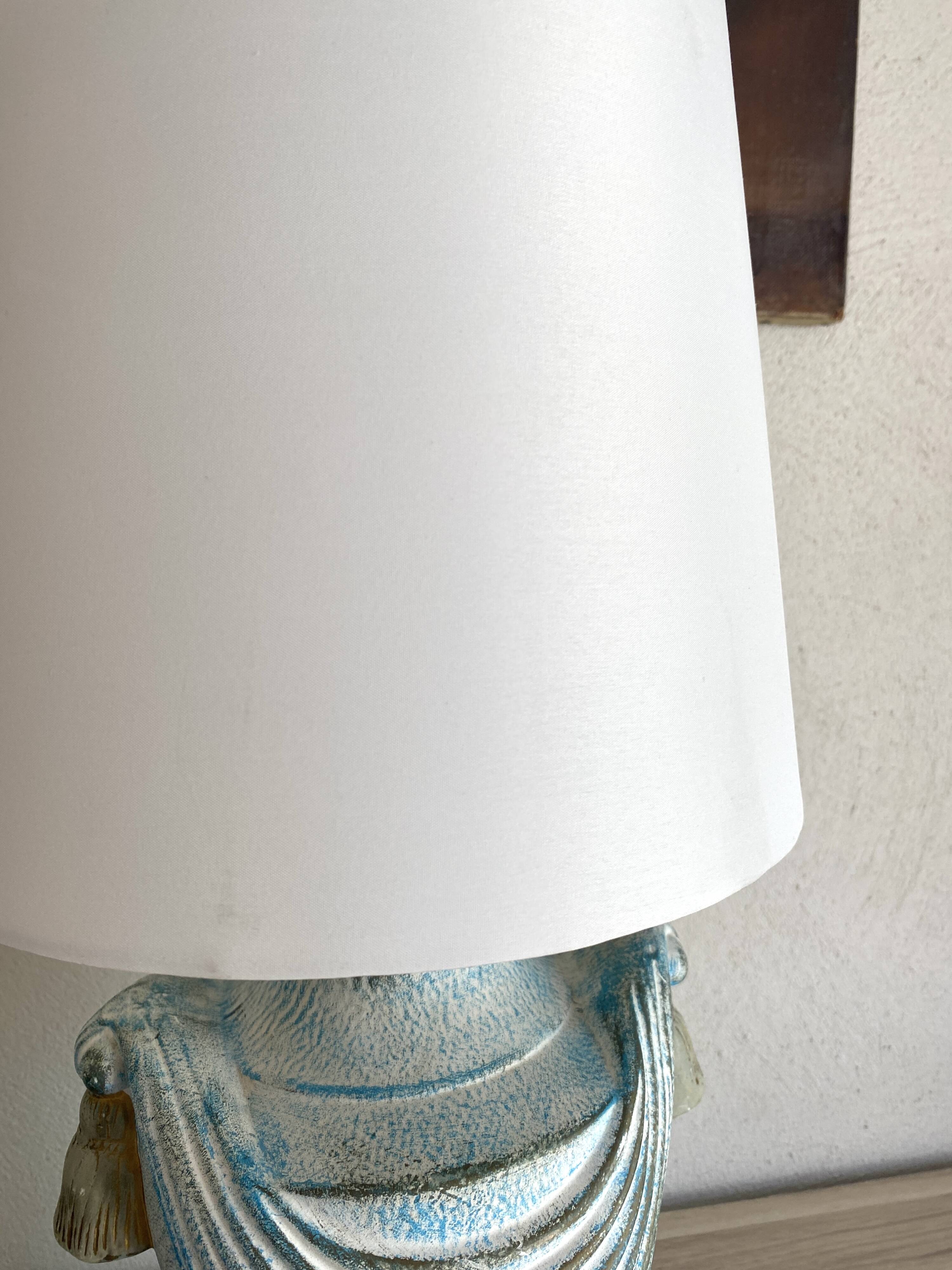Painted plaster lamp, new 2 M fabric cable, fabric lampshade