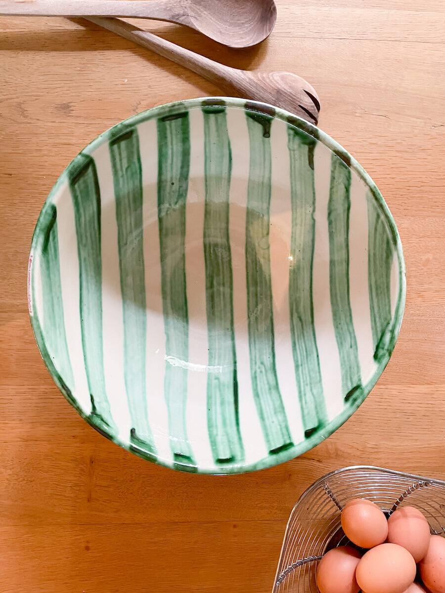 Green striped ceramic salad bowl