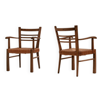 Pair of rustic french armchairs in wood and straw, 1950s