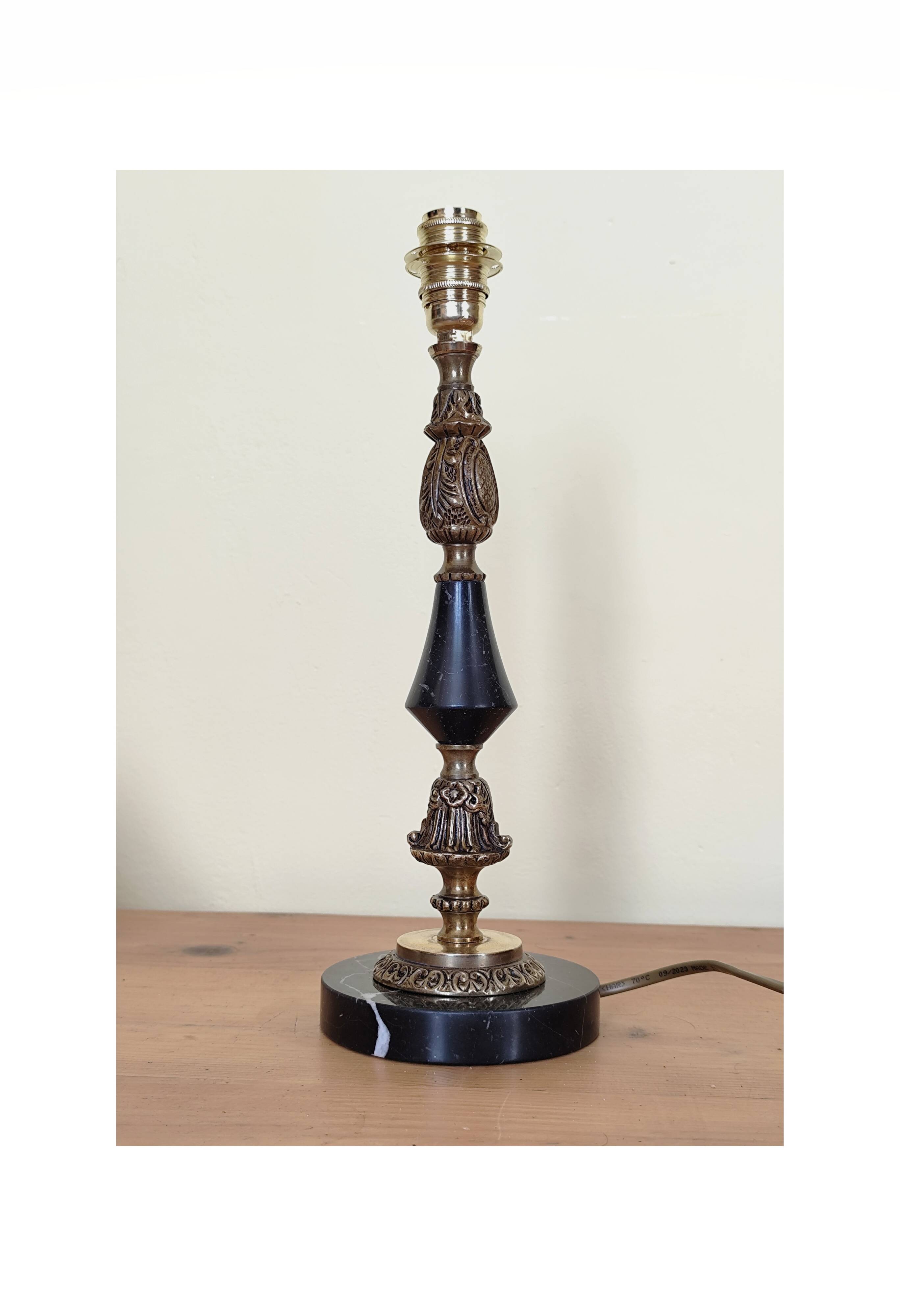 Table lamp base candlestick in chiselled brass and marble base.