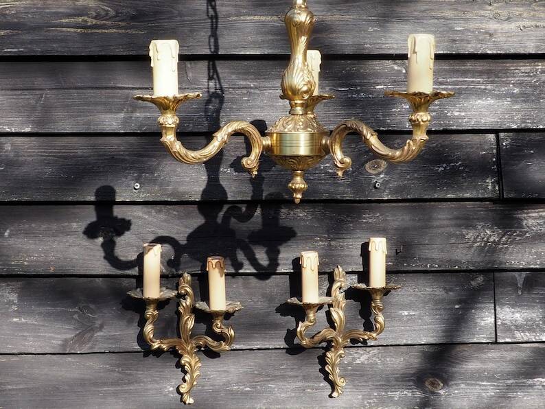 French Vintage Louis XV Style Bronze Candlestick & Sconce Set