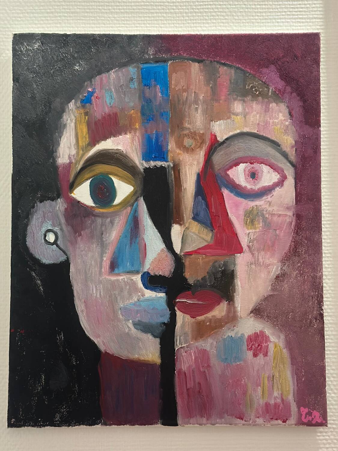 Contemporary painting face portrait geometric cubism expressionism "DUALITY" - Original work on canvas