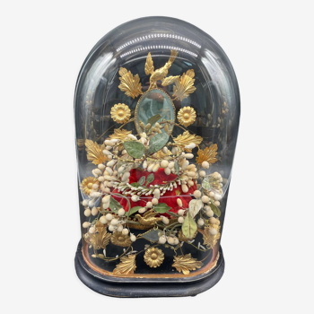 Globe de mariée, Napoléon III, XIXème, miroir, décor végétal doré, couronne, coussin rouge