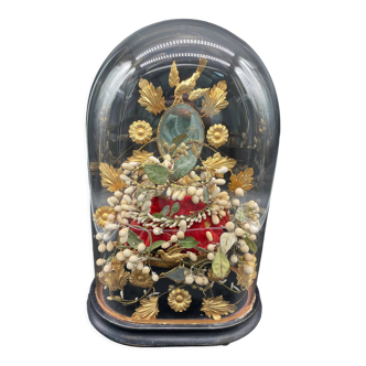 Antique, bridal globe, Napoleon III, nineteenth, mirror, gilded plant decoration, crown, red cushion