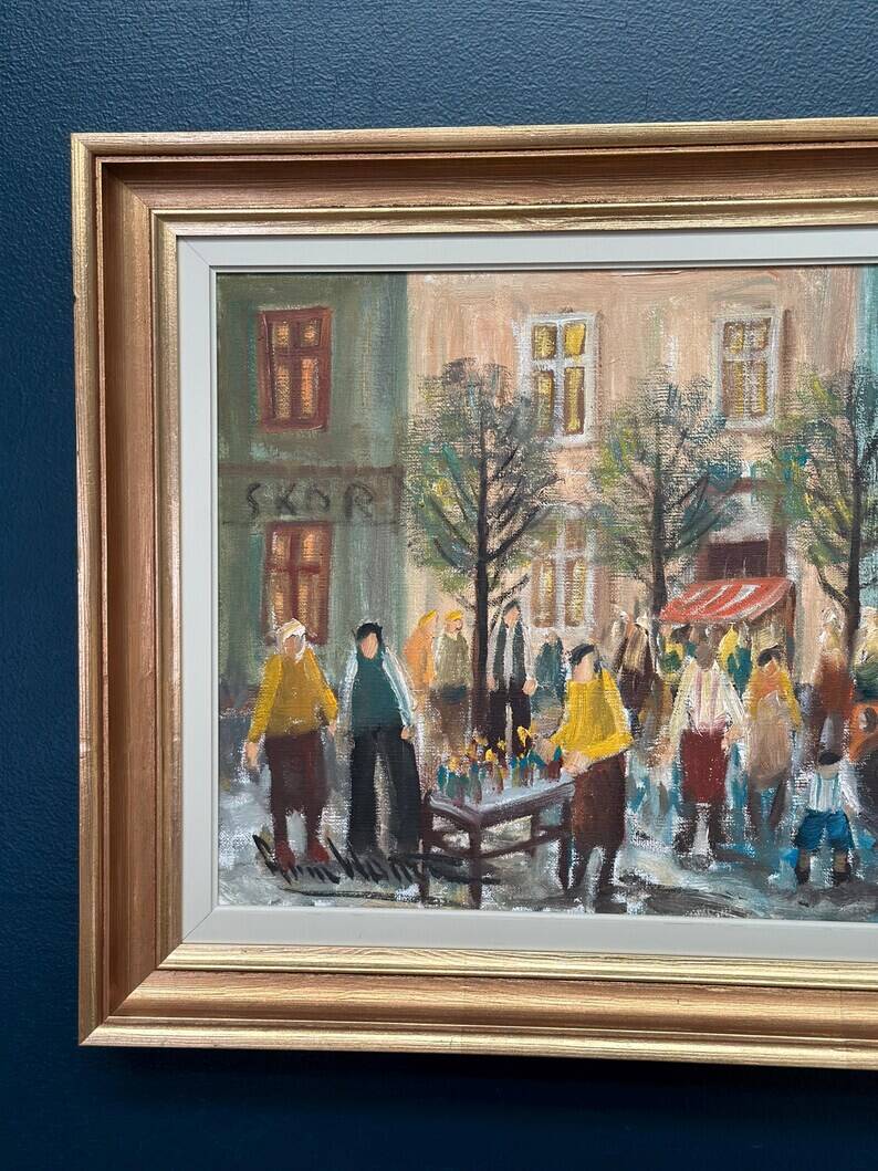 Original Swedish Oil on Canvas – “Market Scene” by Arne Wallsten – Signed