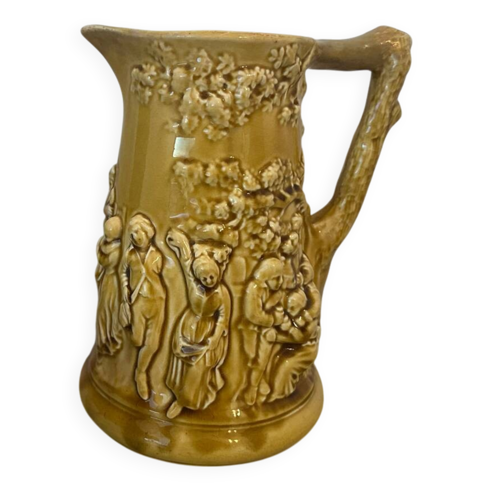 Old large Sarreguemines Majolica earthenware pitcher, vintage slip