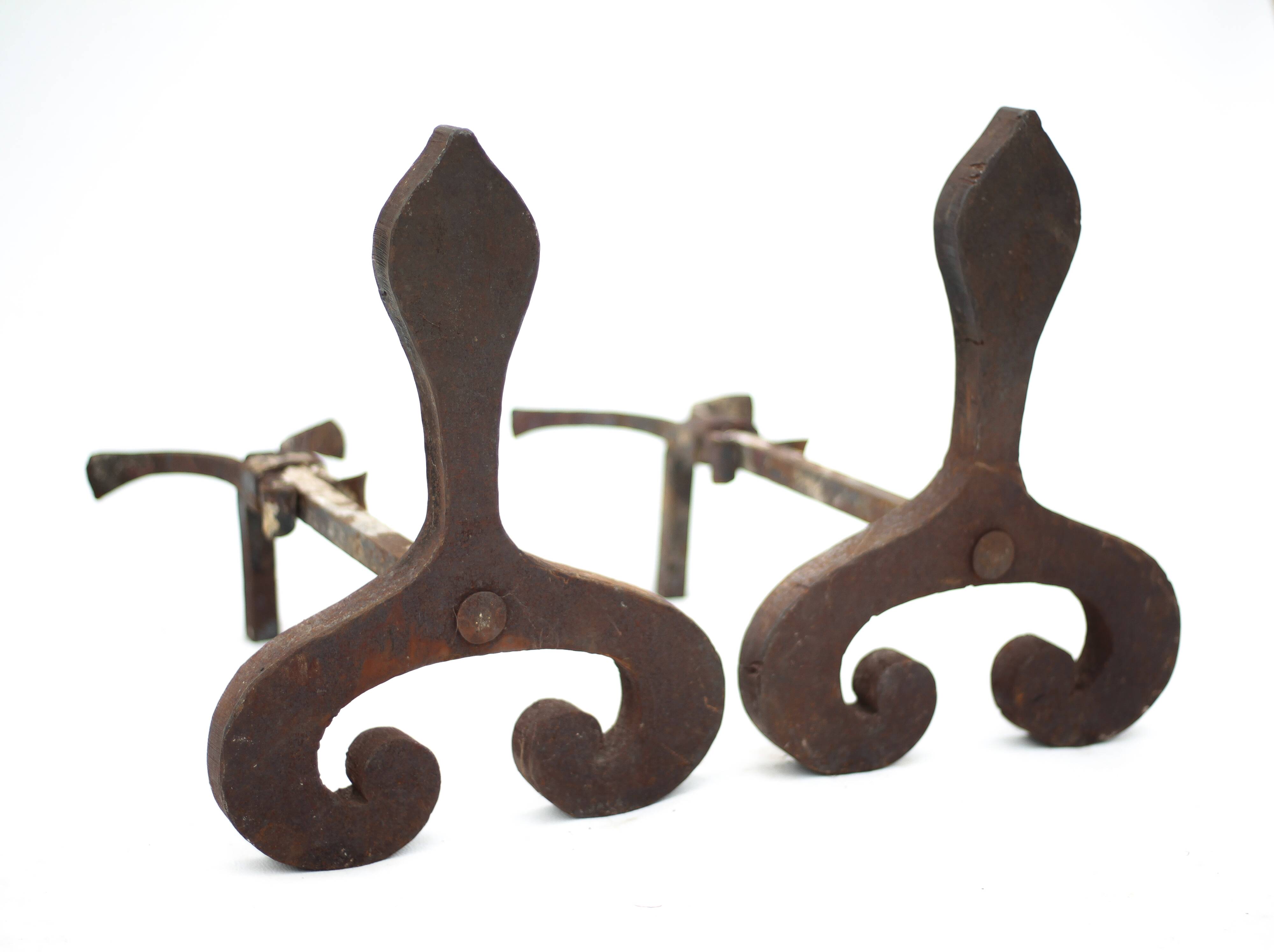Vintage chenets, pair of brutalist chenets, fireplace accessory.