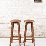 Antique bar stools, brown leather and wood