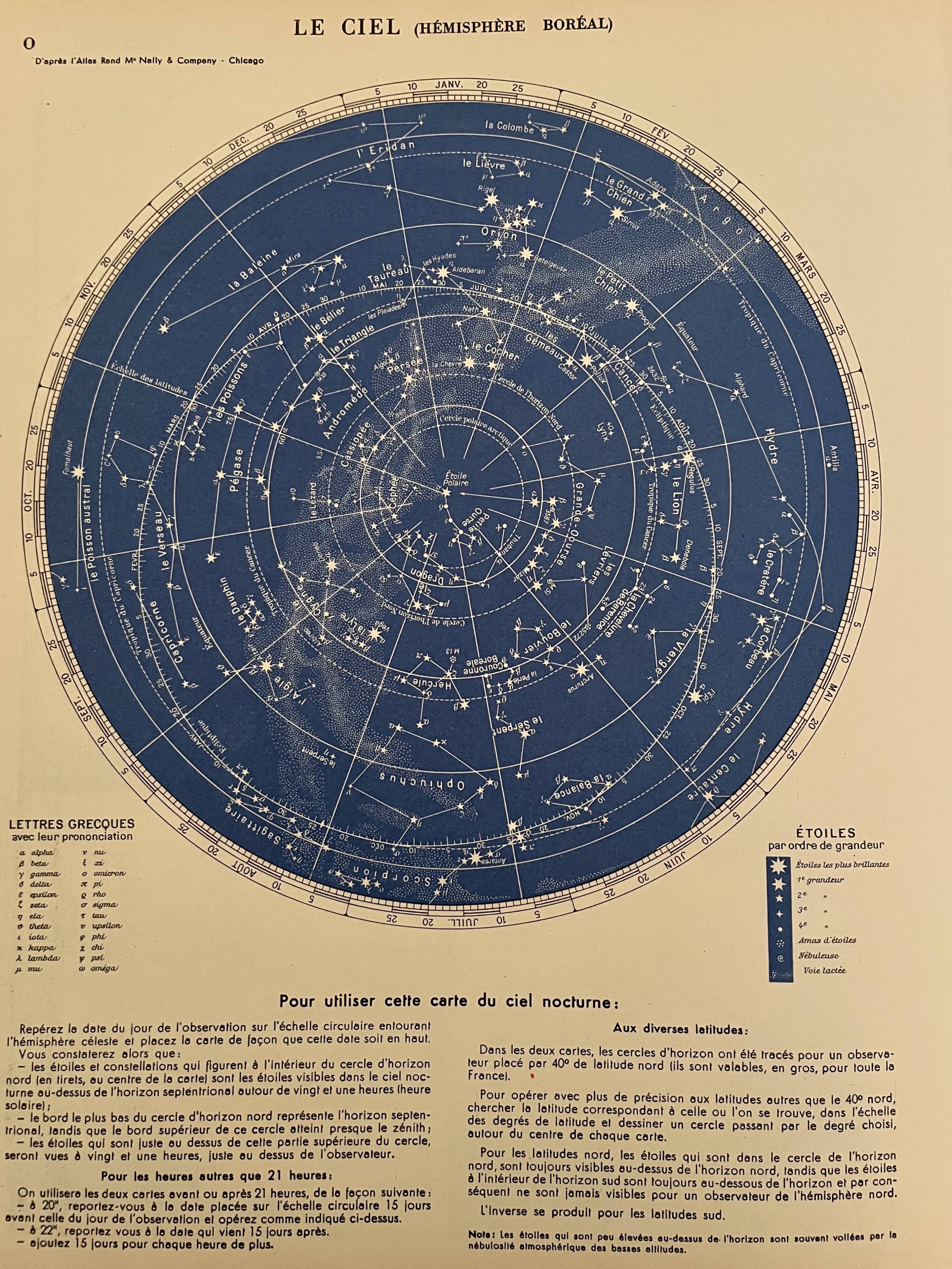 Old lithograph night sky map from 1951 (large format)
