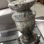 Porte bougie en céramique type « Raku », craquelé gris bleu