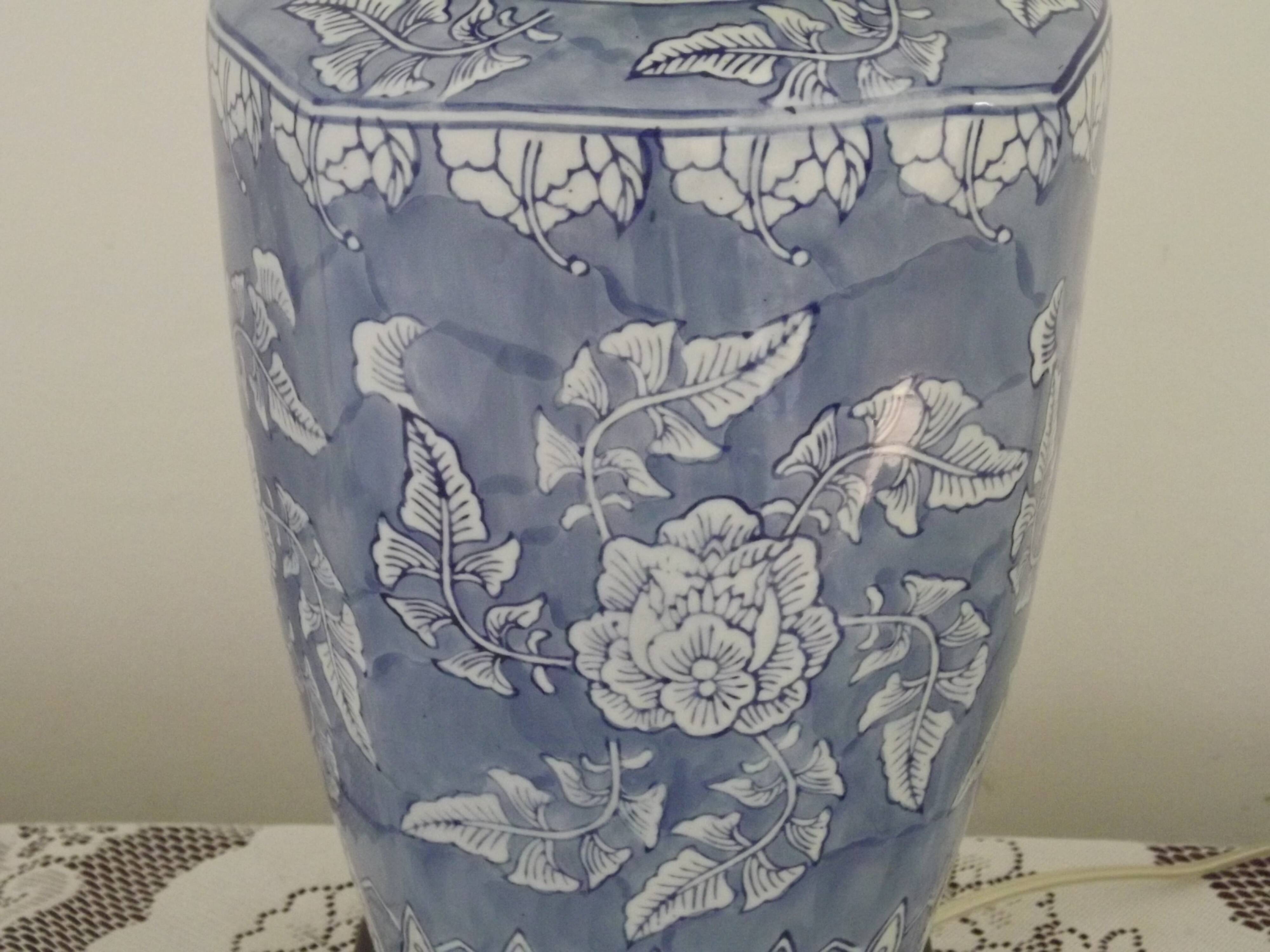 Tall Blue & White Oriental Style Ceramic Table Lamp with Floral Decoration