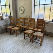 Set of 8 blond oak chairs with straw seats