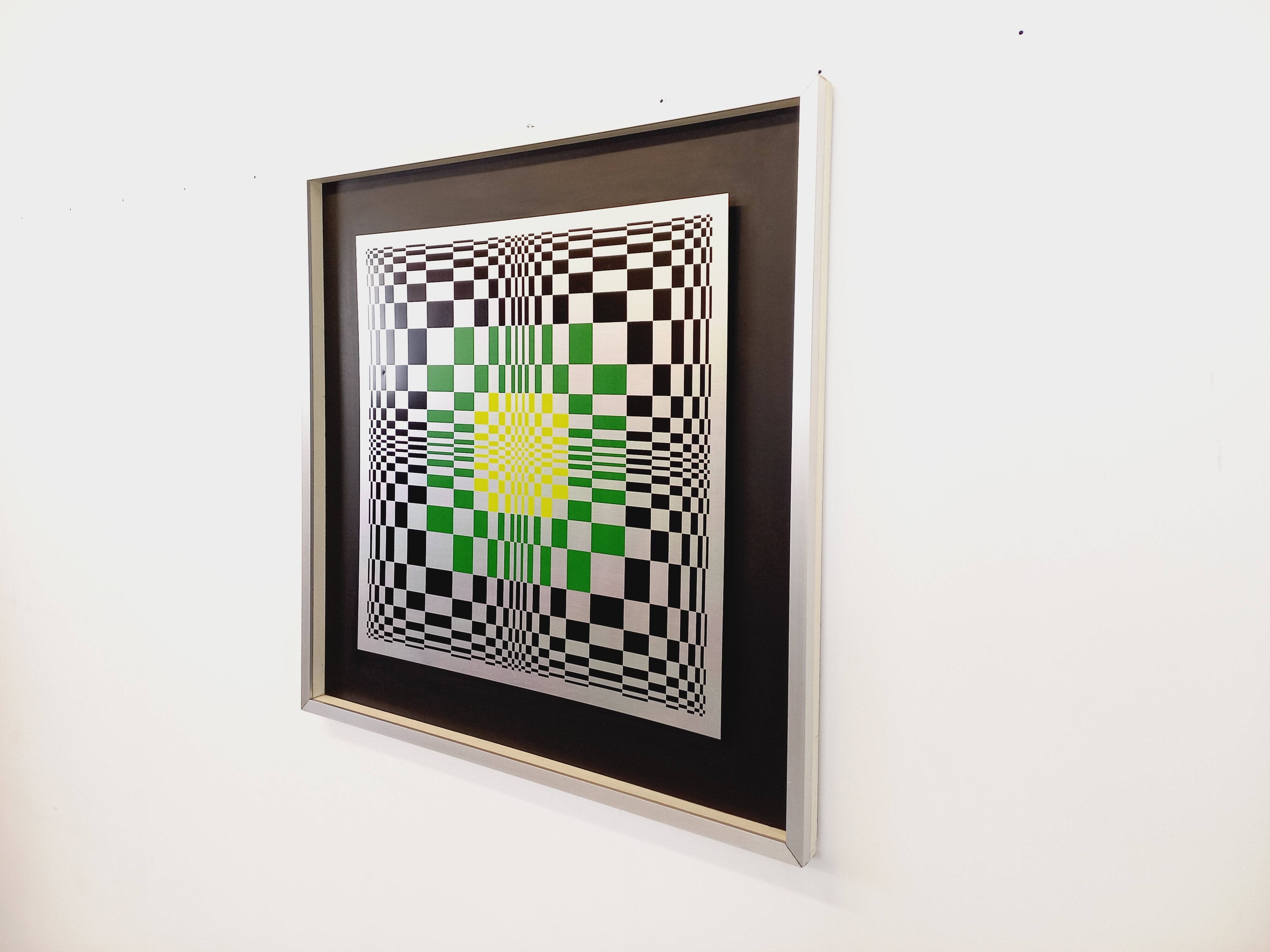 Typical silkscreen painting in kinetic checkerboard on aluminum, Italian abstract design in Vasarely style