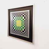 Typical silkscreen painting in kinetic checkerboard on aluminum, Italian abstract design in Vasarely style