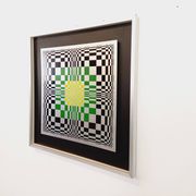 Typical silkscreen painting in kinetic checkerboard on aluminum, Italian abstract design in Vasarely style