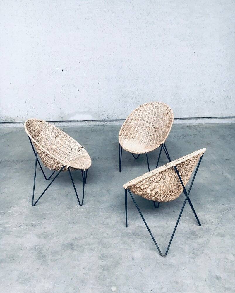Mid-Century Modern Design Egg Basket Wicker Chairs, Italy, 1950s, Set of 3