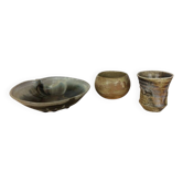 Three stoneware empty pockets with blue drips