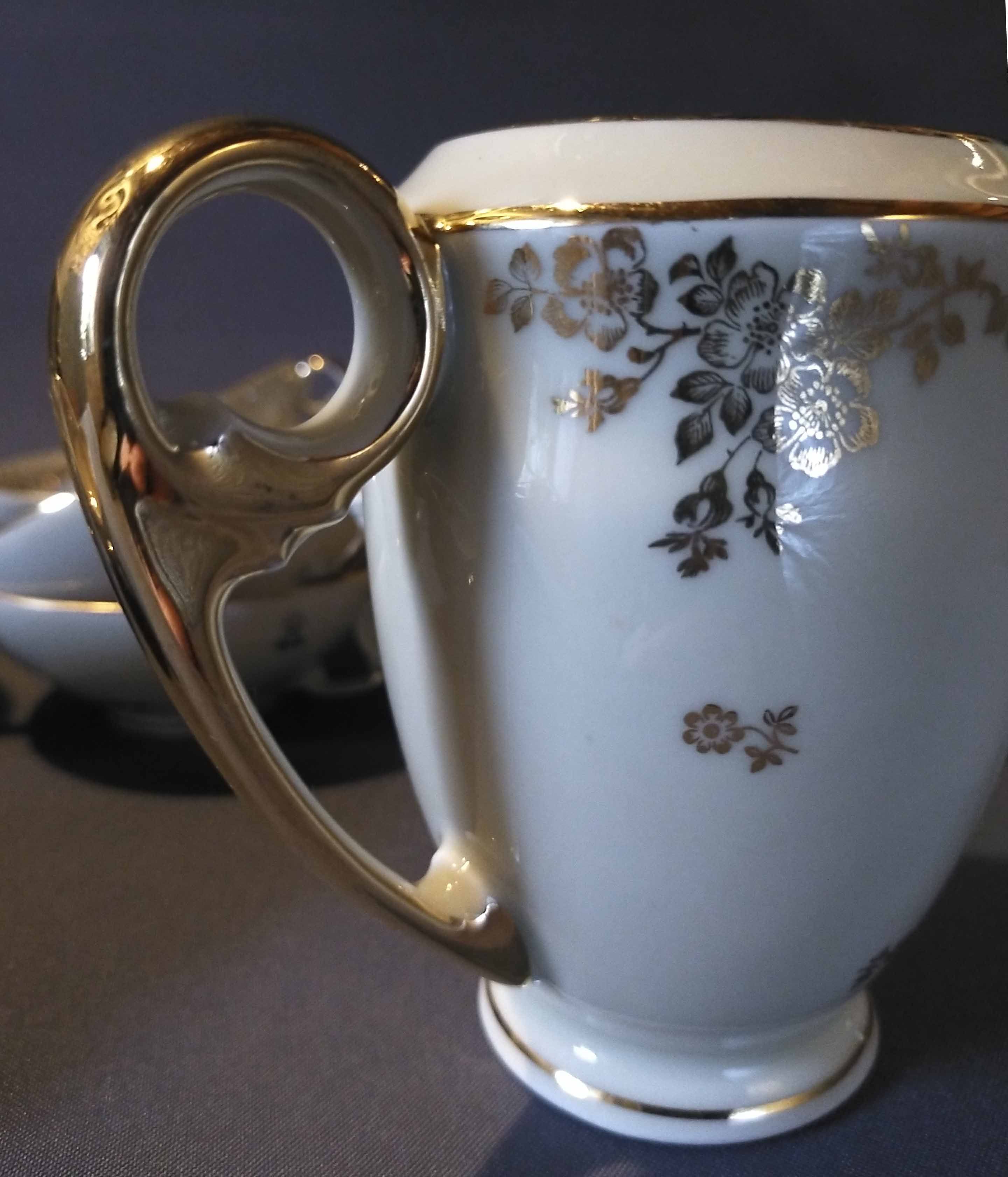 10 cups and tea saucers Limoges porcelain DRB Manufacture decor signed JS