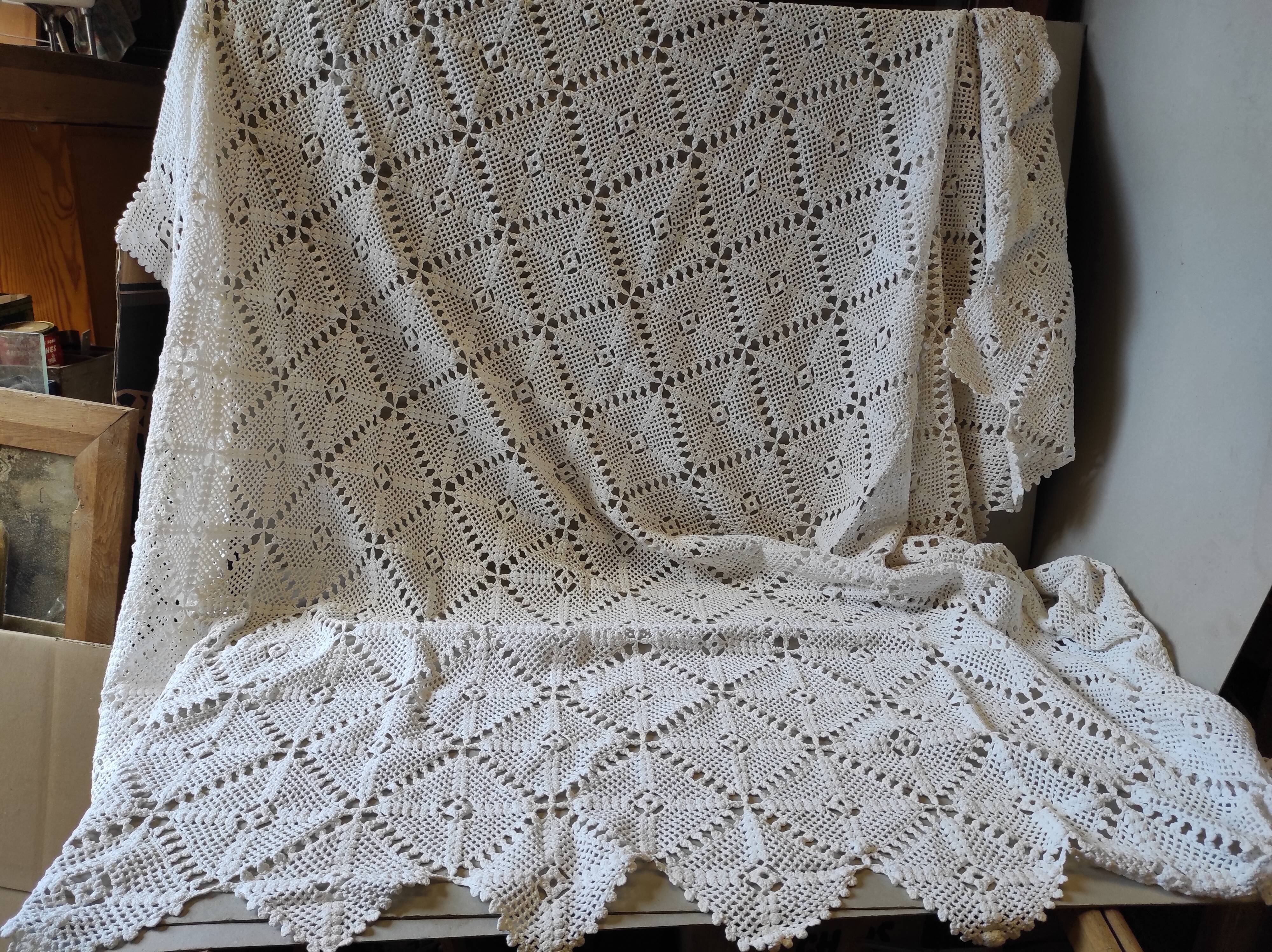 Old vintage handmade cotton crochet bed cover