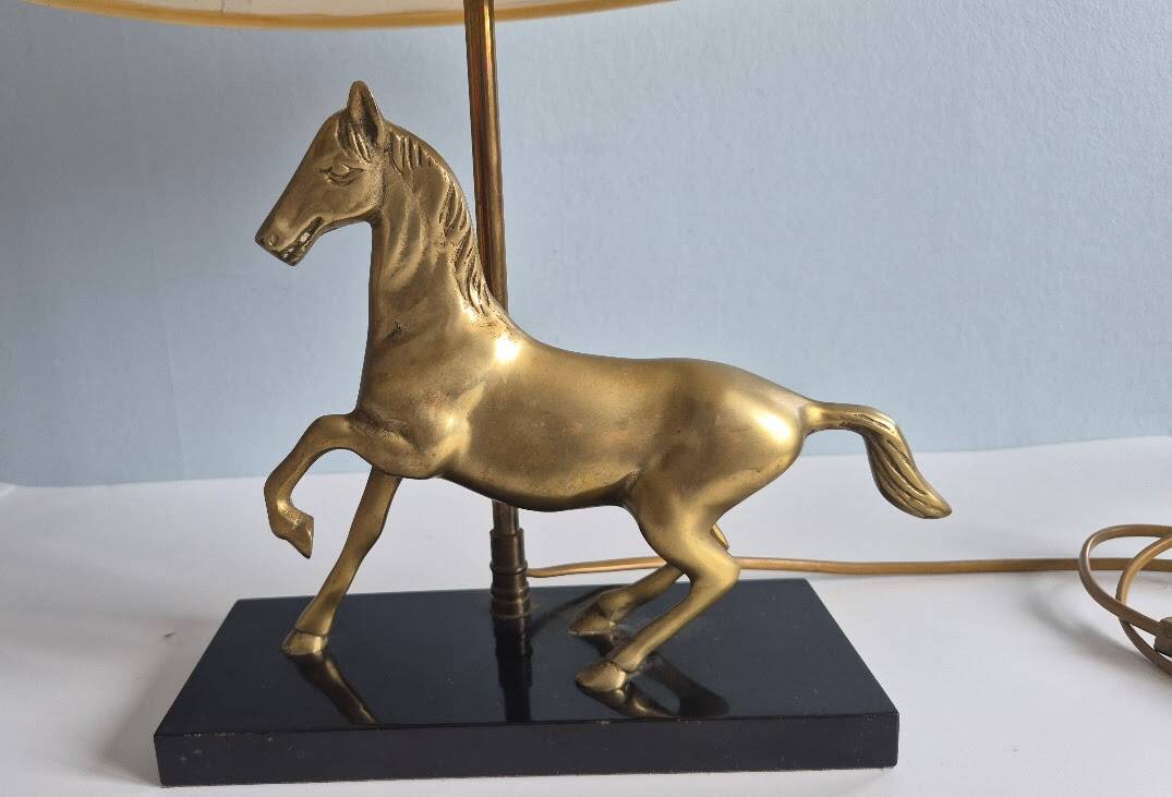 Brass and wood horse lamp
