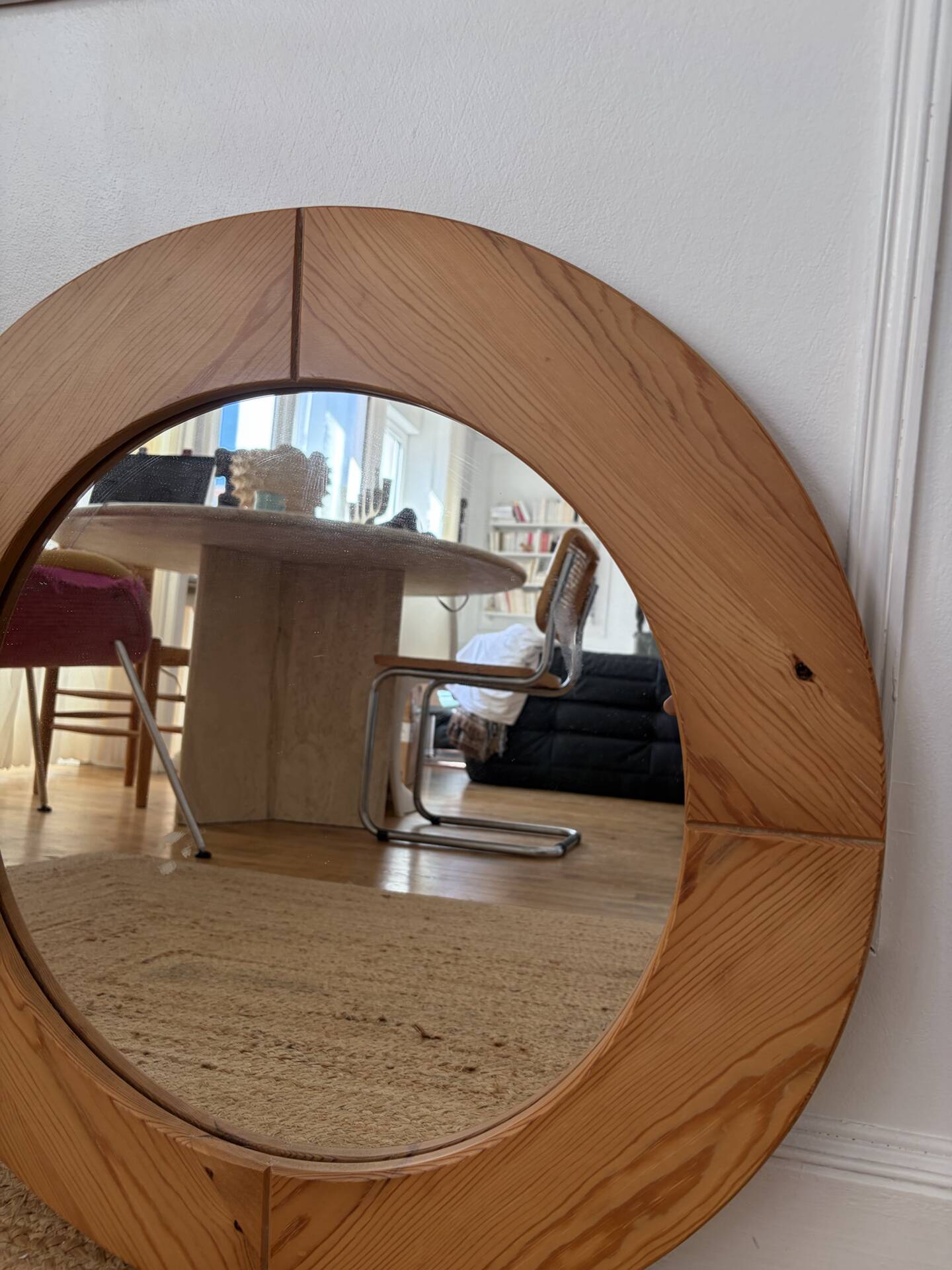 Round Scandinavian pine mirror from the 1970s.