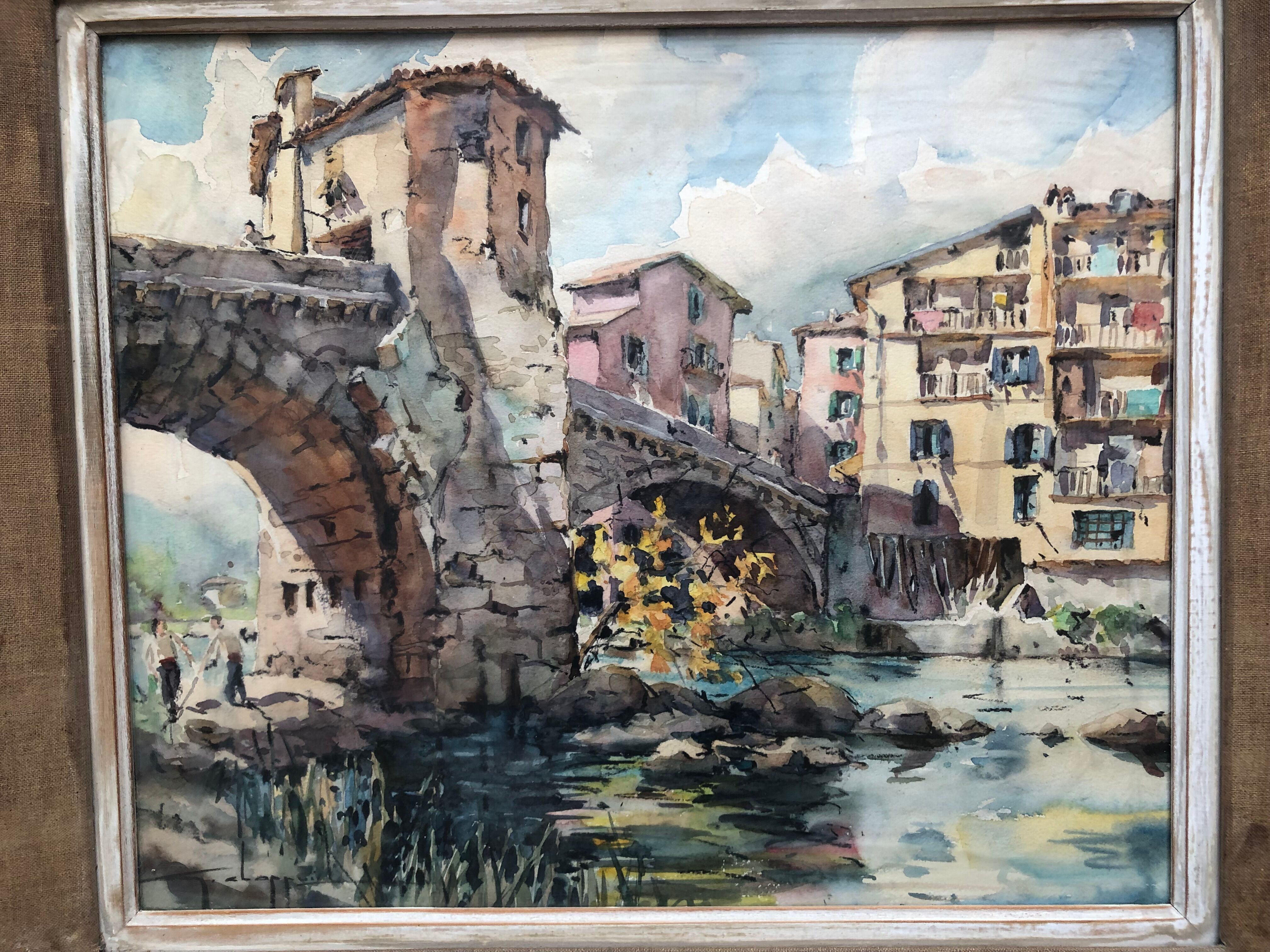 Watercolor bridge over the bevera in sospel by georges chappuis 1940, alpes maritimes 06, painting frame