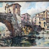 Watercolor bridge over the bevera in sospel by georges chappuis 1940, alpes maritimes 06, painting frame