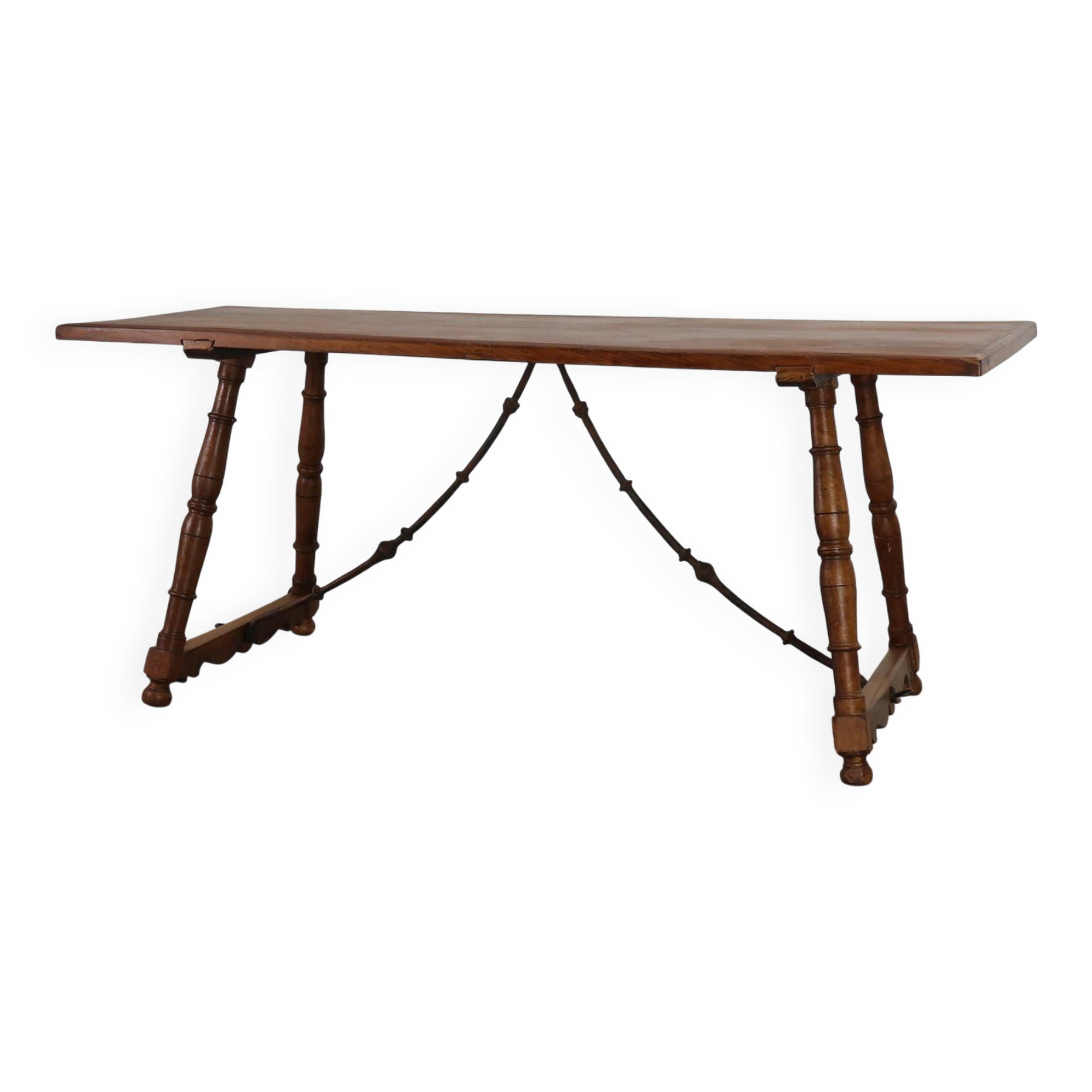 18th‑Century Spanish Walnut Trestle Table with Iron Stretcher