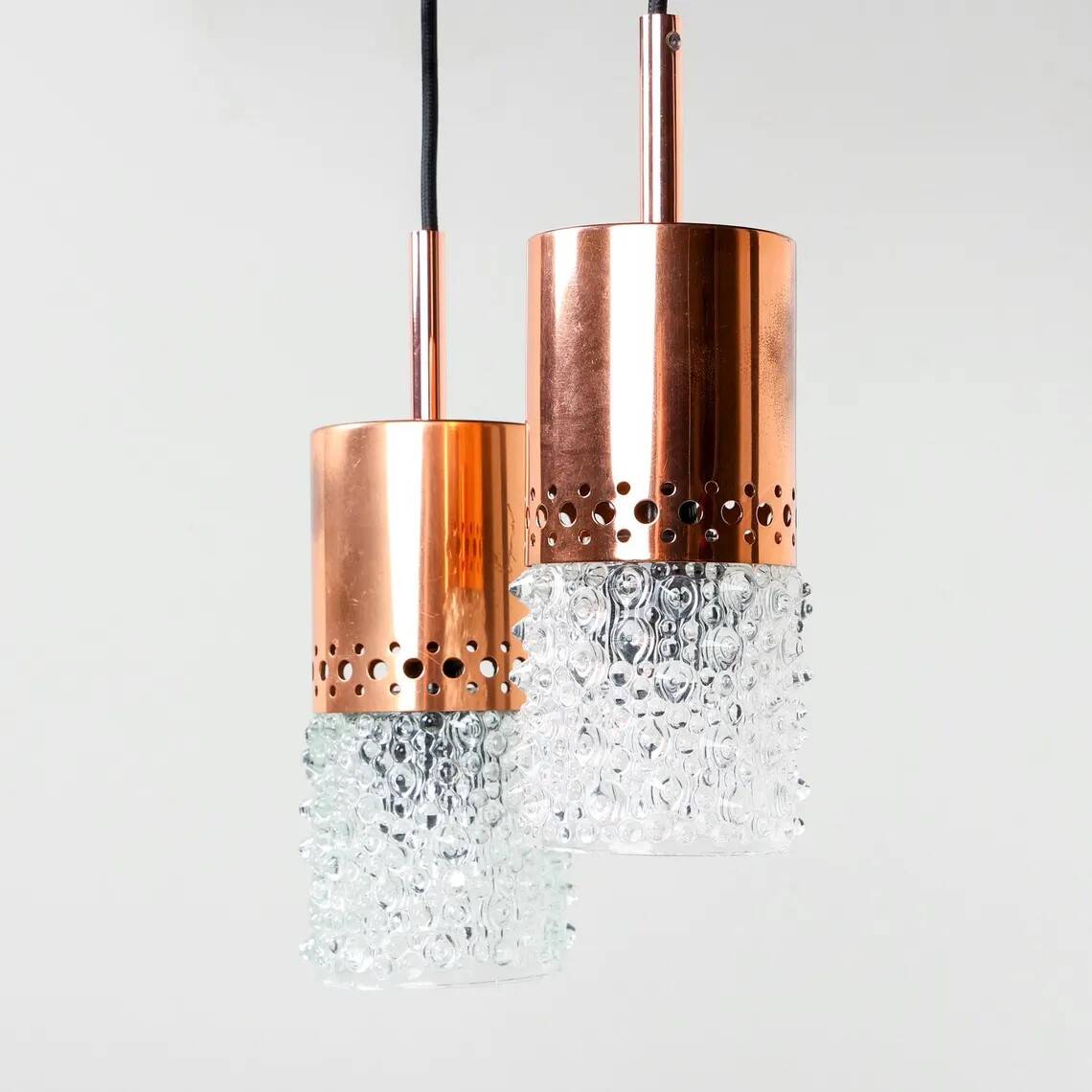 Pair of copper and bubble glass pendant lights by VEB NARVA Leuchten, year