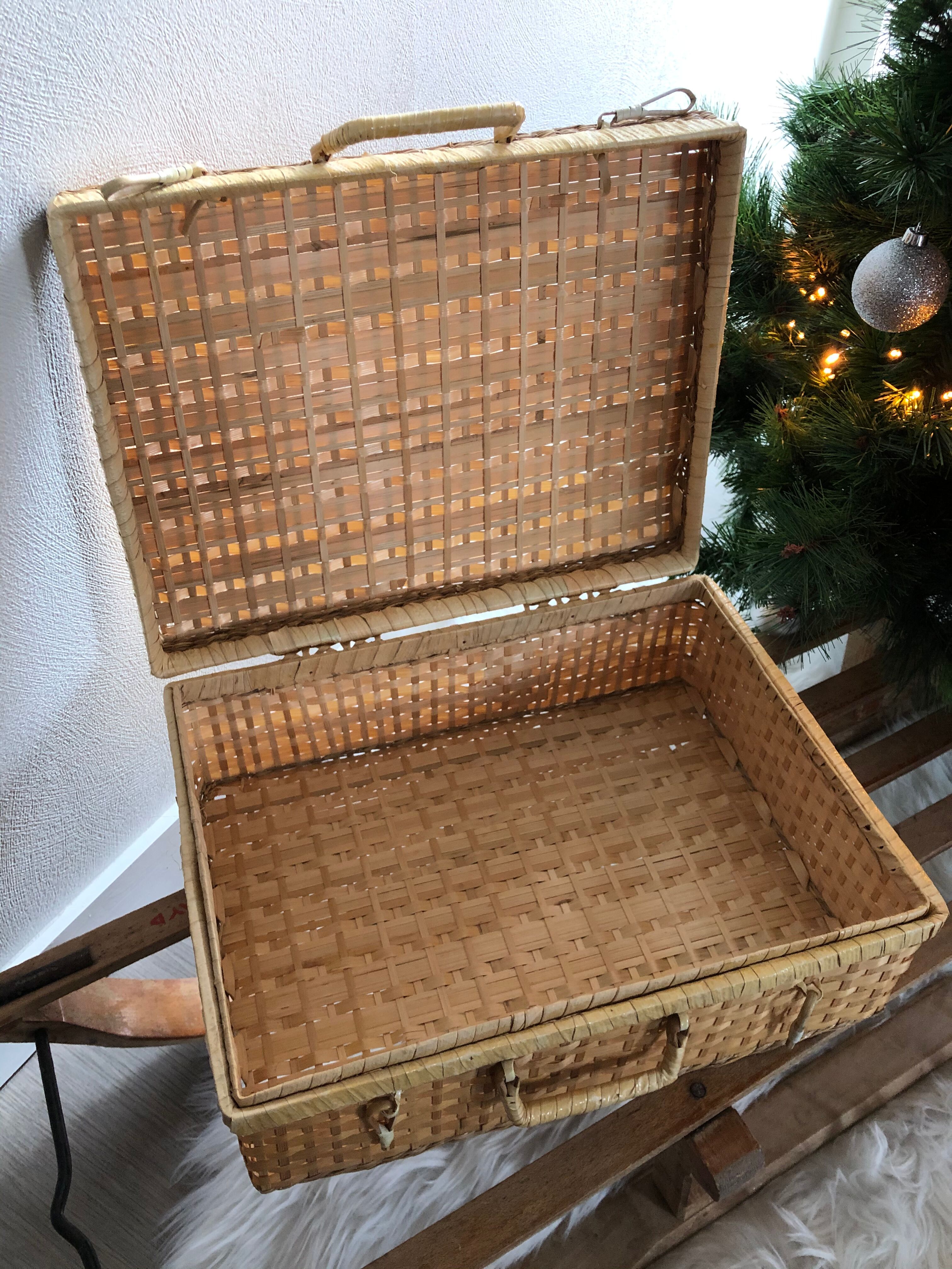 Vintage woven wicker suitcase