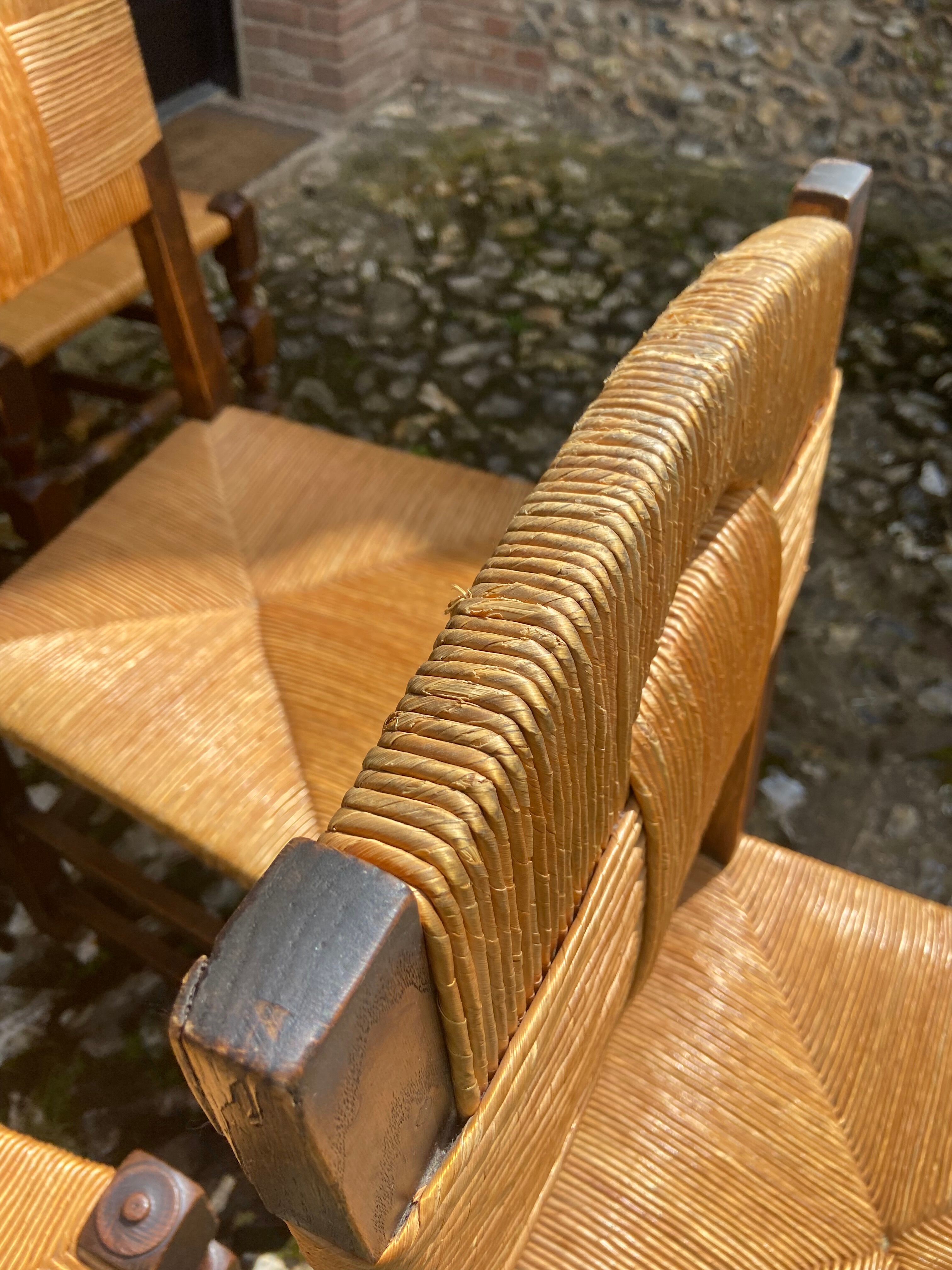 Six brutalist chairs straws and wood 60s