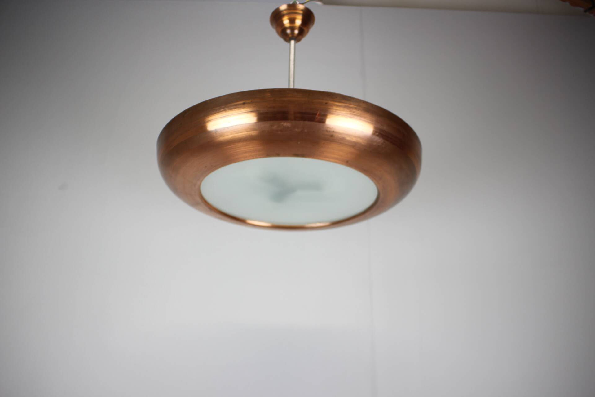 Large Art Deco Copper UFO Hanging Lamp, Czechoslovakia, 1930s