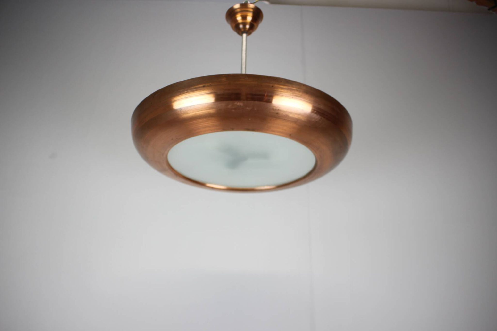 Large Art Deco Copper UFO Hanging Lamp, Czechoslovakia, 1930s