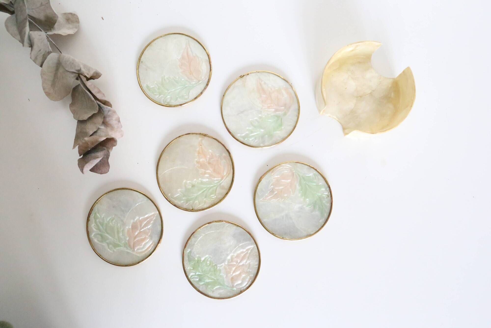 Set of 6 coasters in mother-of-pearl, brass and cork, vintage