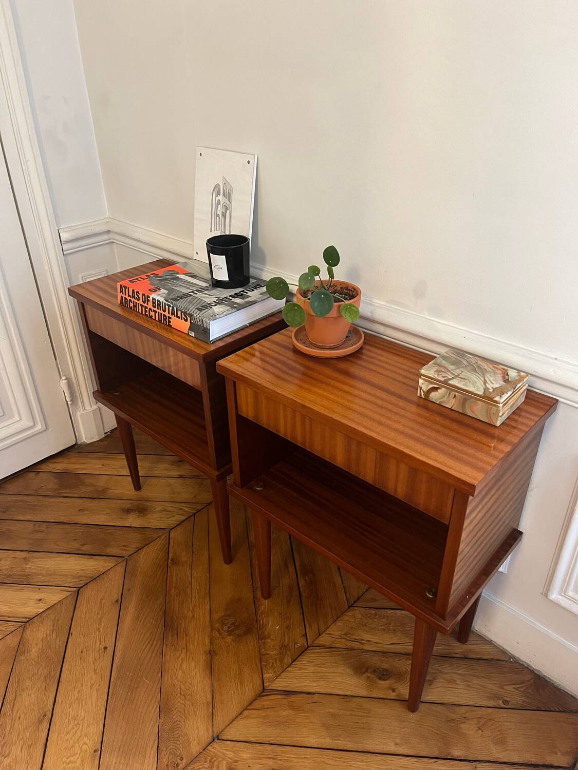Pair of vintage bedside tables with compass feet