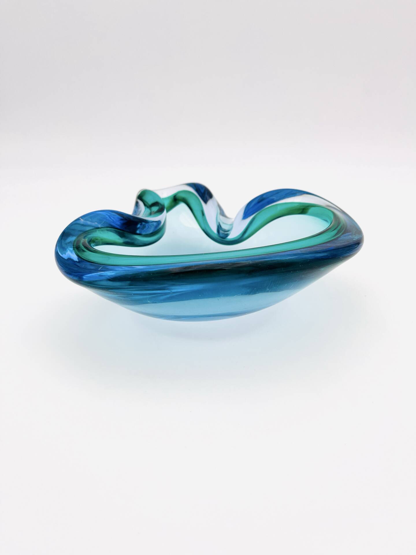 Flavio Poli Seguso Sommerso Emerald Green Blue Vintage 60s Ashtray