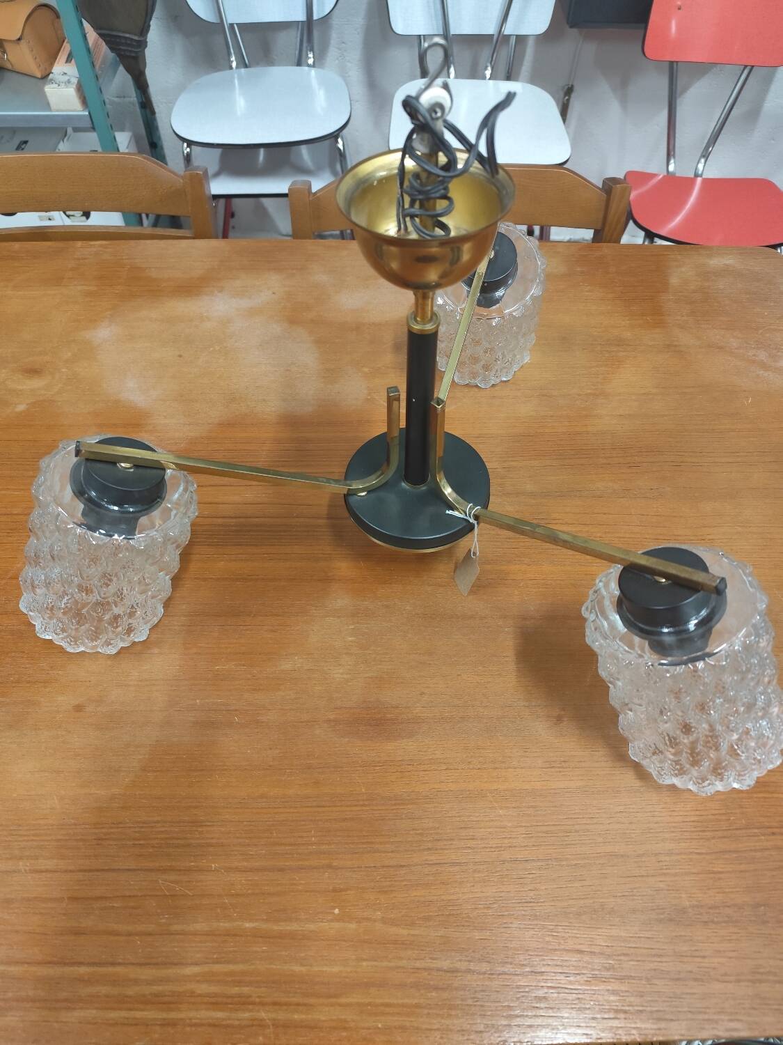Vintage 70s chandelier with 3 clear glass globes