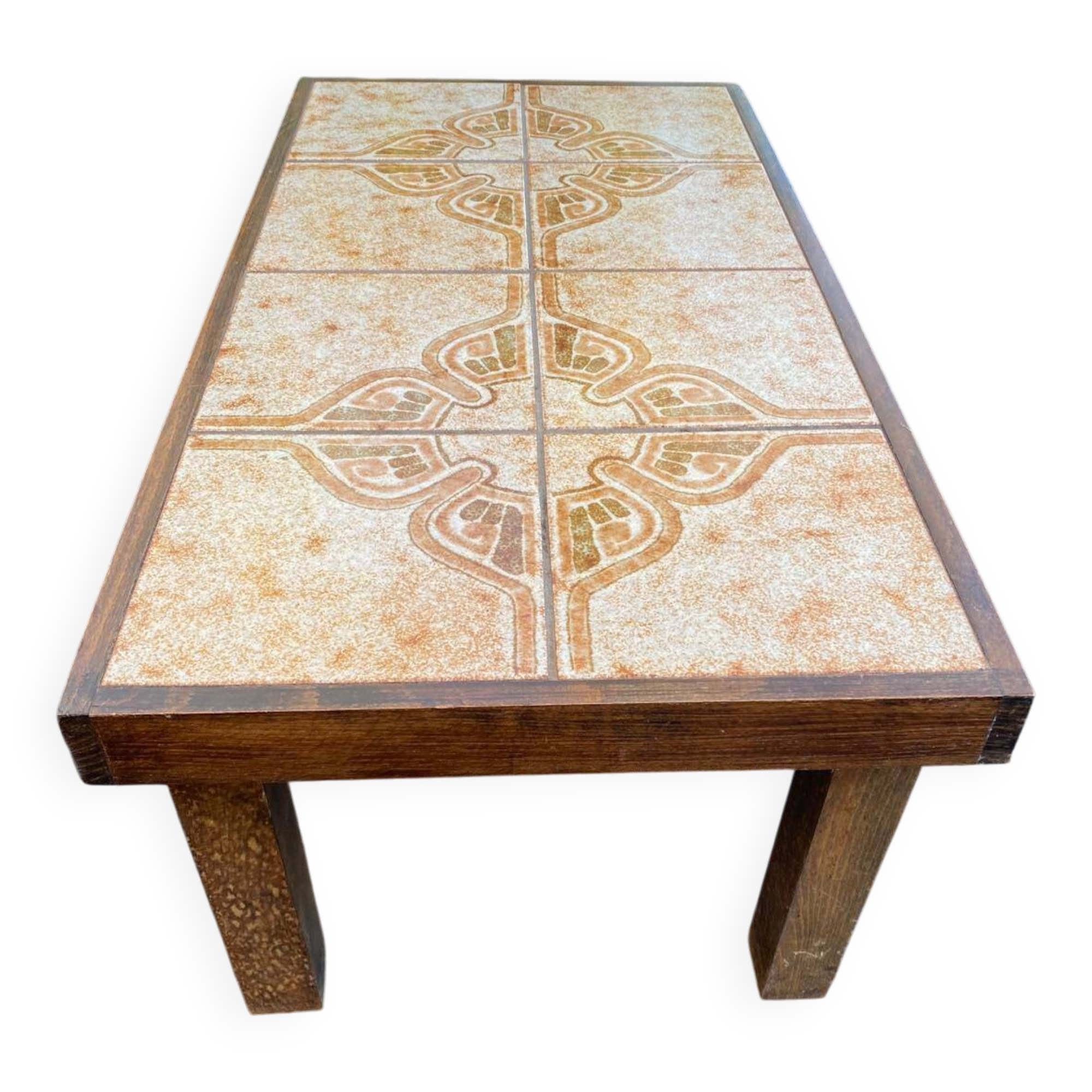 Table basse bois massif et céramique des années 1970 84x44cm