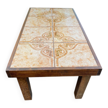 Table basse bois massif et céramique des années 1970 84x44cm