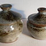 Duo of potter's pots covered in vintage glazed stoneware
