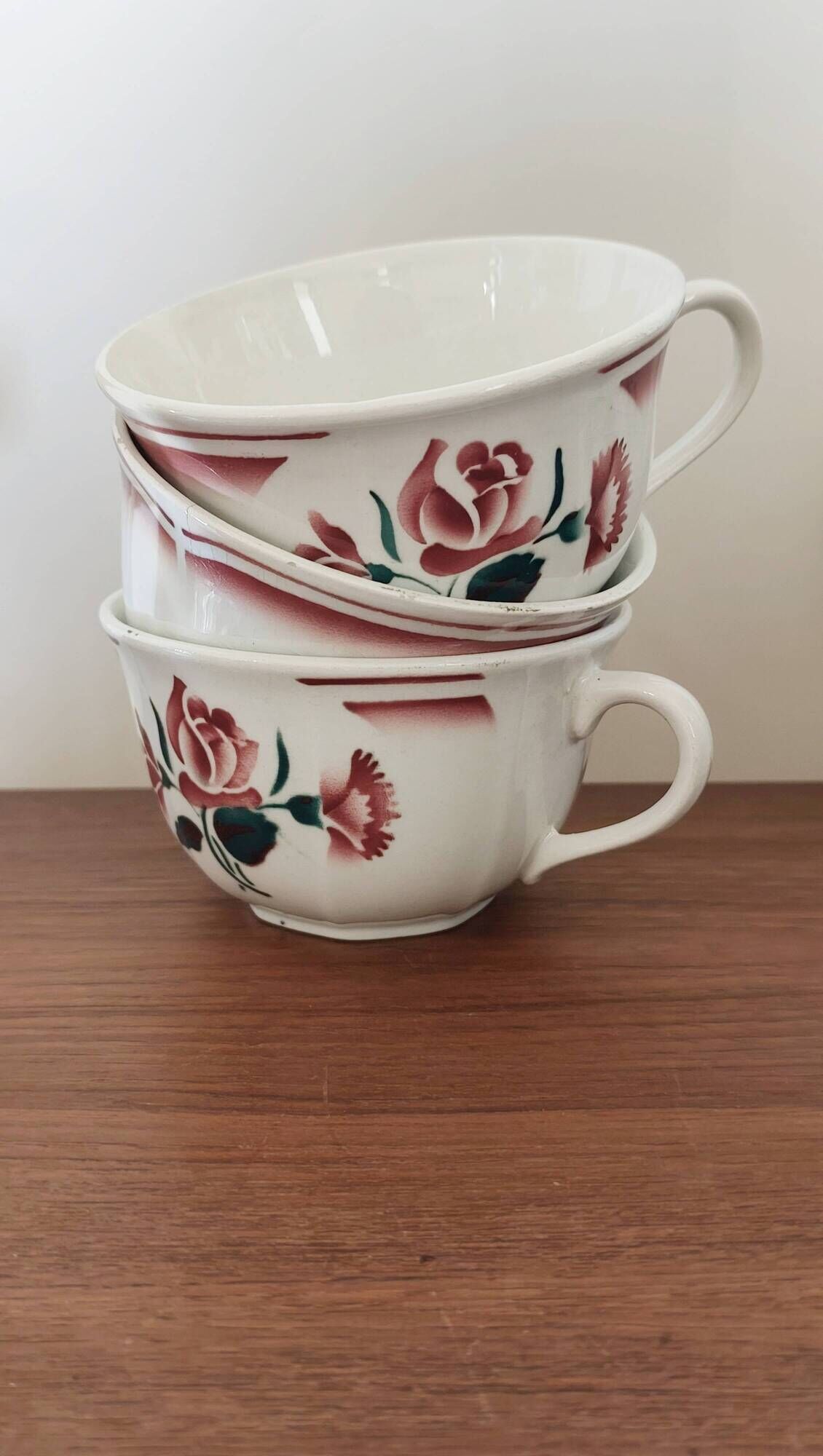 Trio of large antique chocolate cups (Fénal Badonviller – “Red Rose” decoration)