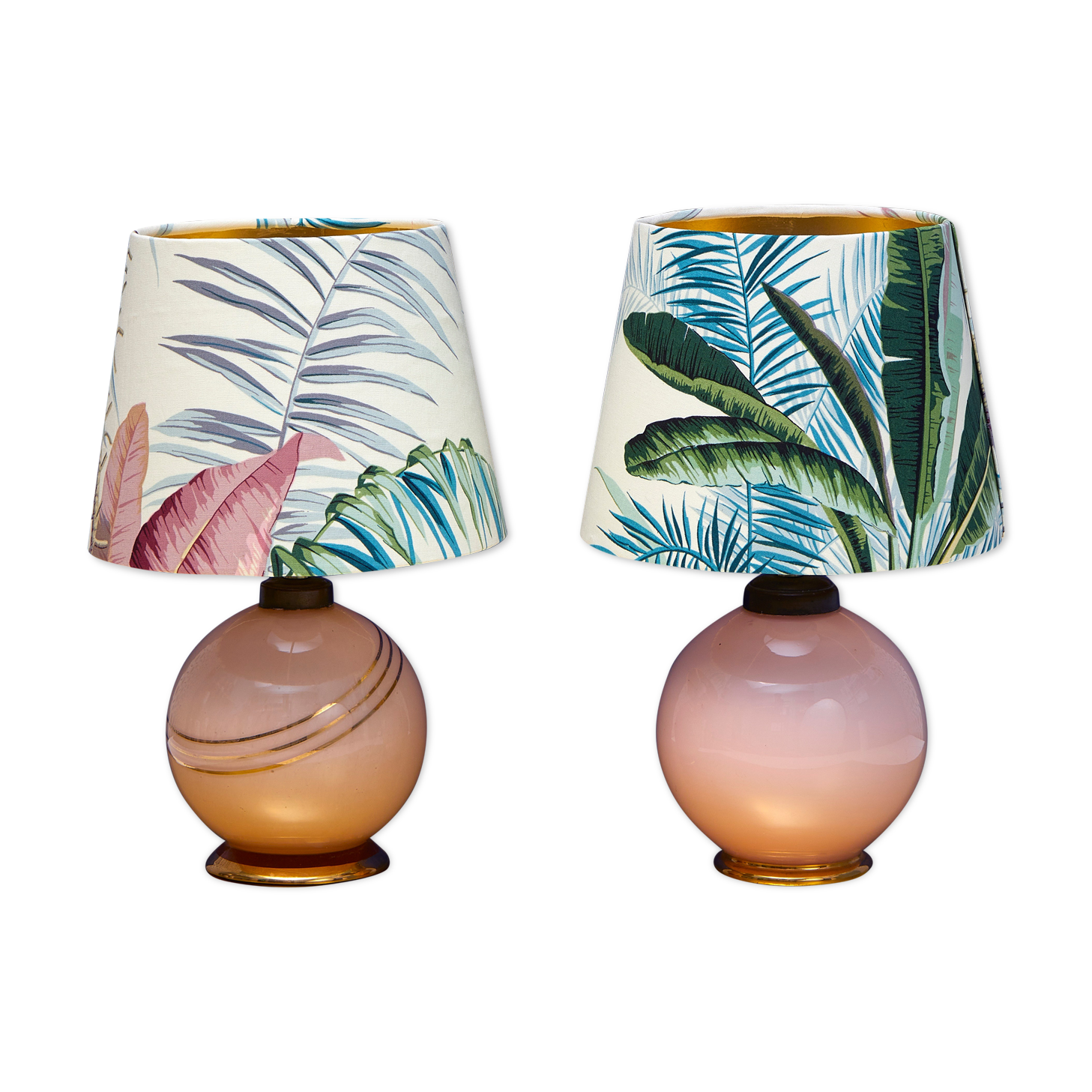 Pair of pink glass ball foot lamps