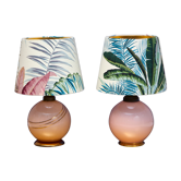 Pair of pink glass ball foot lamps