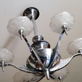 Art deco chandelier in chromed metal and glass 6 arms of lights