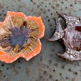 Lot composed of small barbotine dishes in enamelled ceramic, leaf and fish, Vallauris style