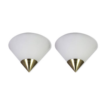 Pair of opaline glass wall lights designed by Limburg, Germany.