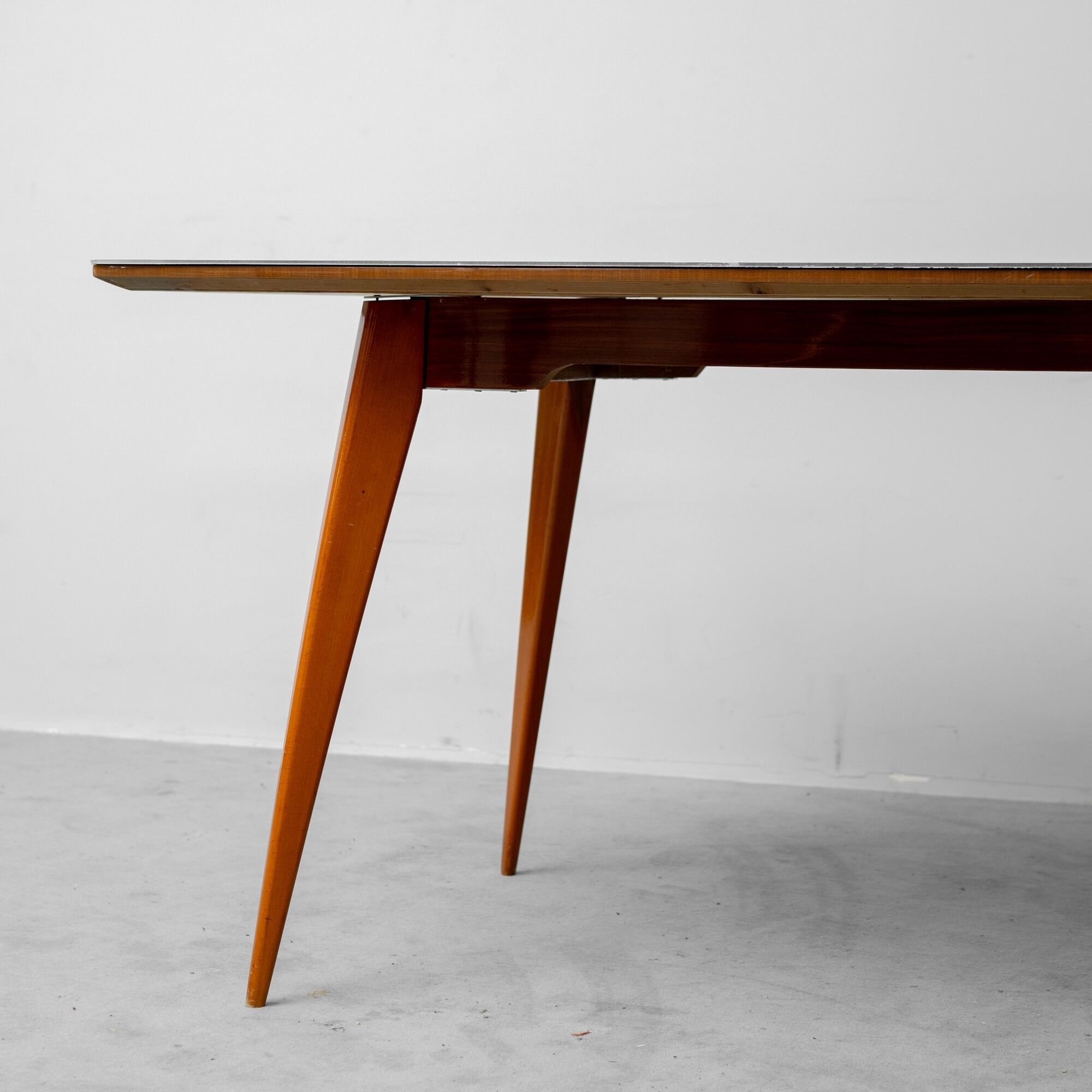 Vintage dining table set with 6 wooden chairs from the 1960s modernism